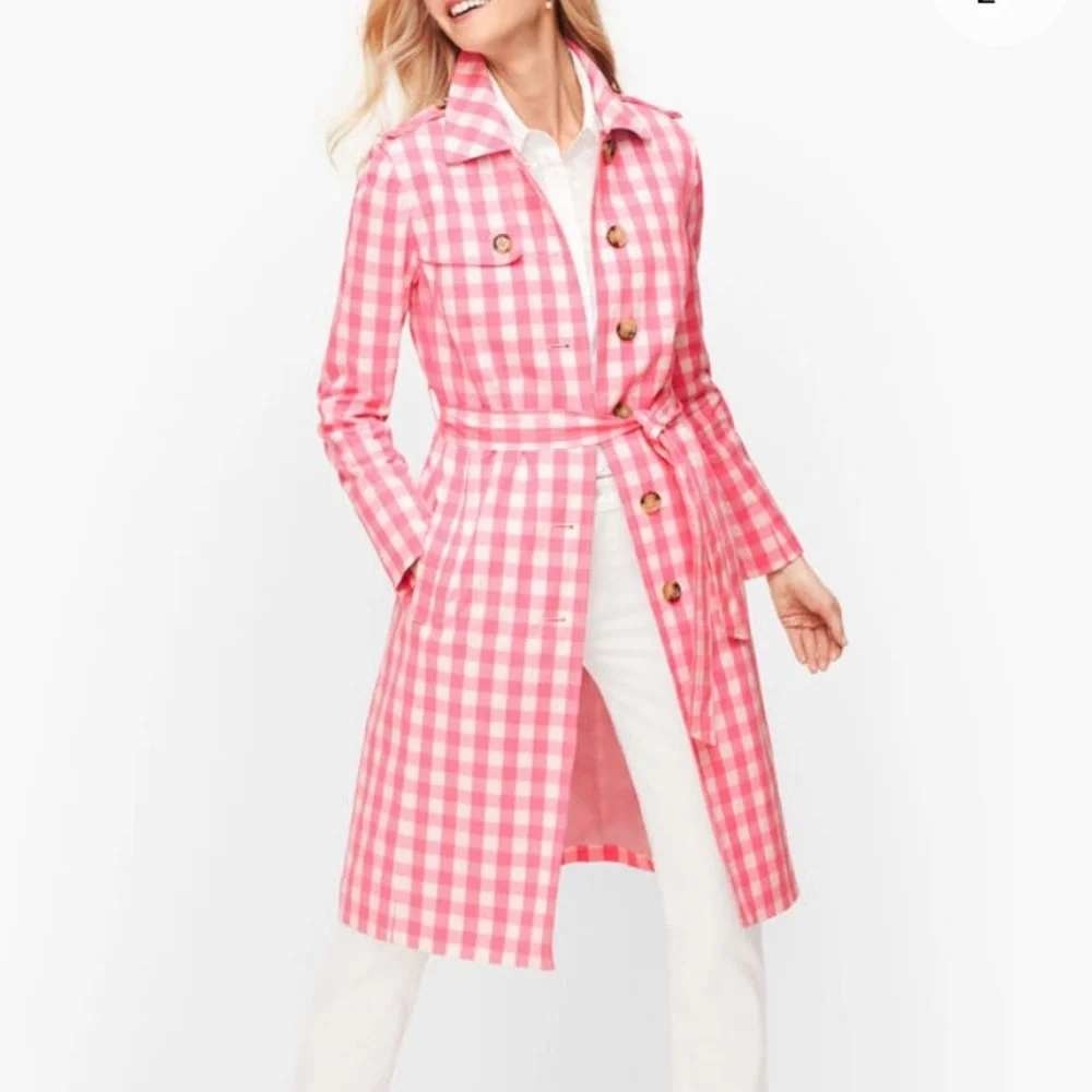 Talbots Gingham Plaid Trench Coat Women Size L Pink White Belted Button Front
